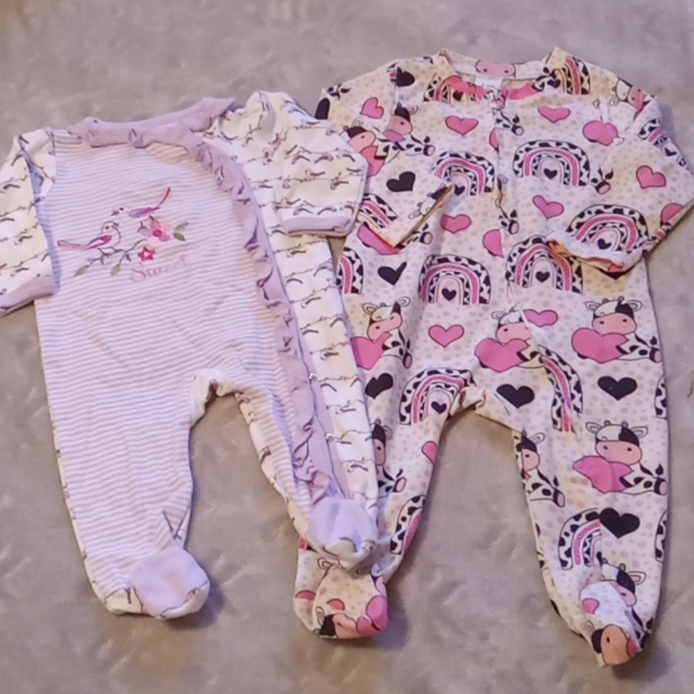 Adorable Lot Of 2,  Pink, Purple and White Baby One Piece Sleepers